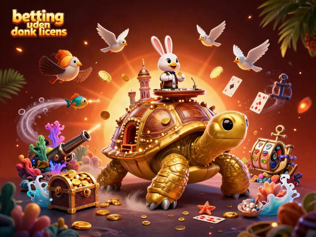 Engage with betting uden dansk licens in a vibrant underwater casino scene featuring golden tortoise and rabbit dealer.