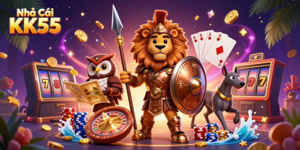 Bet on excitement at Nhà Cái KK55 with dynamic casino scenes filled with action and colorful elements.