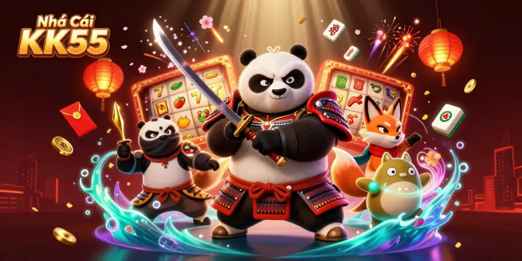 Engage with thrilling games at Nhà Cái KK55 featuring spinning slots, winning symbols, and vibrant character action.