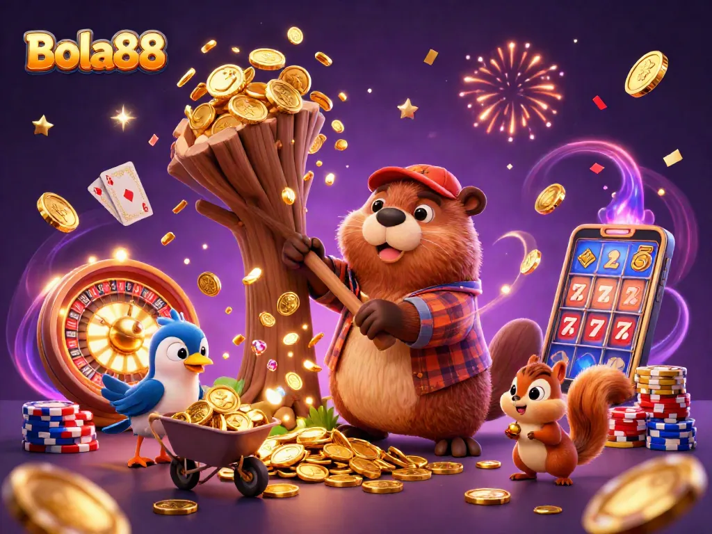 Bola88 promotes winning opportunities as cartoon characters celebrate with golden coins and vibrant casino elements.