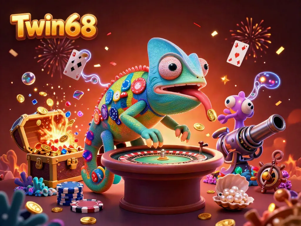 Twin68 showcases an energetic casino scene with a chameleon owner grabbing golden coins, surrounded by vibrant gaming elements.