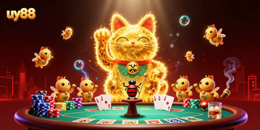 Experience the thrill of the uy88 casino with a dynamic 3D illustration of a lucky cat and poker elements.