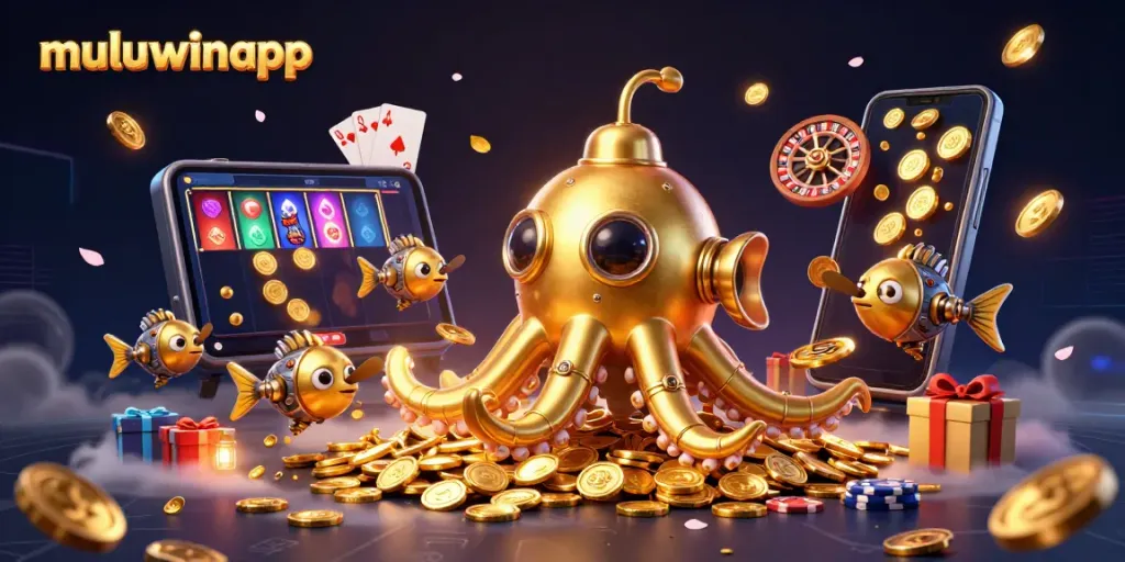 Experience the adventurous muluwinapp with a kraken submarine and golden coins amidst thrilling casino elements.