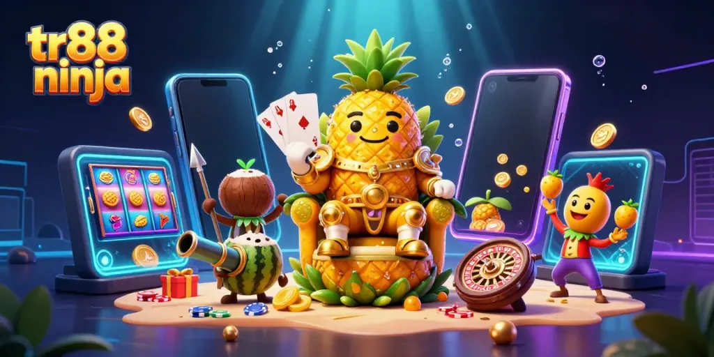 tr88 ninja showcases a vibrant casino scene with a golden pineapple king and dynamic gaming elements.