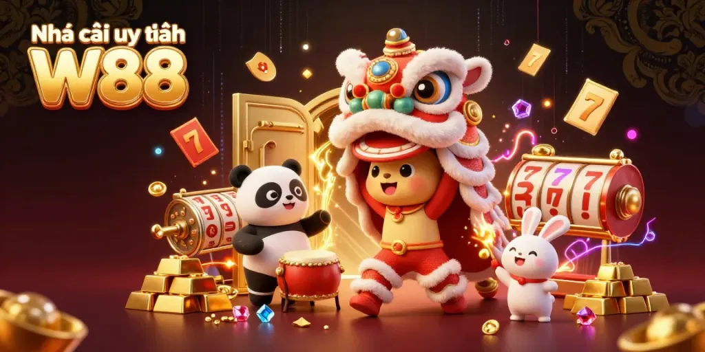 Engage with Nhà cái uy tín W88 through an energetic lion dance scene enriched with casino elements.