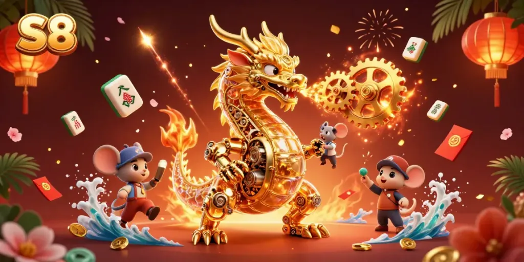 Experience exhilarating gaming with S8: A golden dragon and magical riches in a dynamic 3D scene.