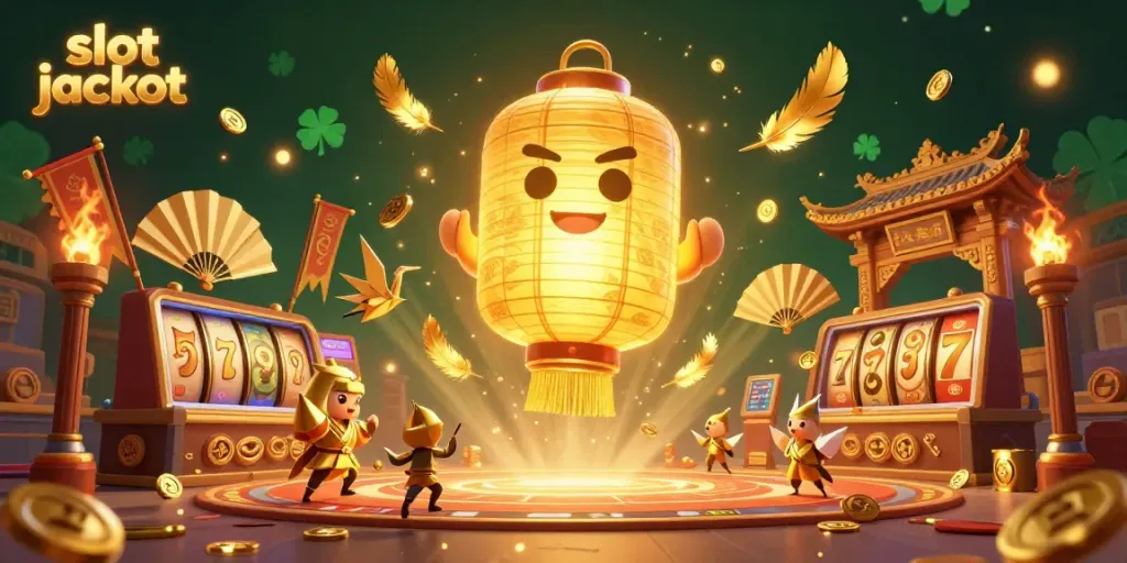 Experience the thrill of a slot jackpot in this vibrant 3D casino scene featuring glowing spirits and gold coins.