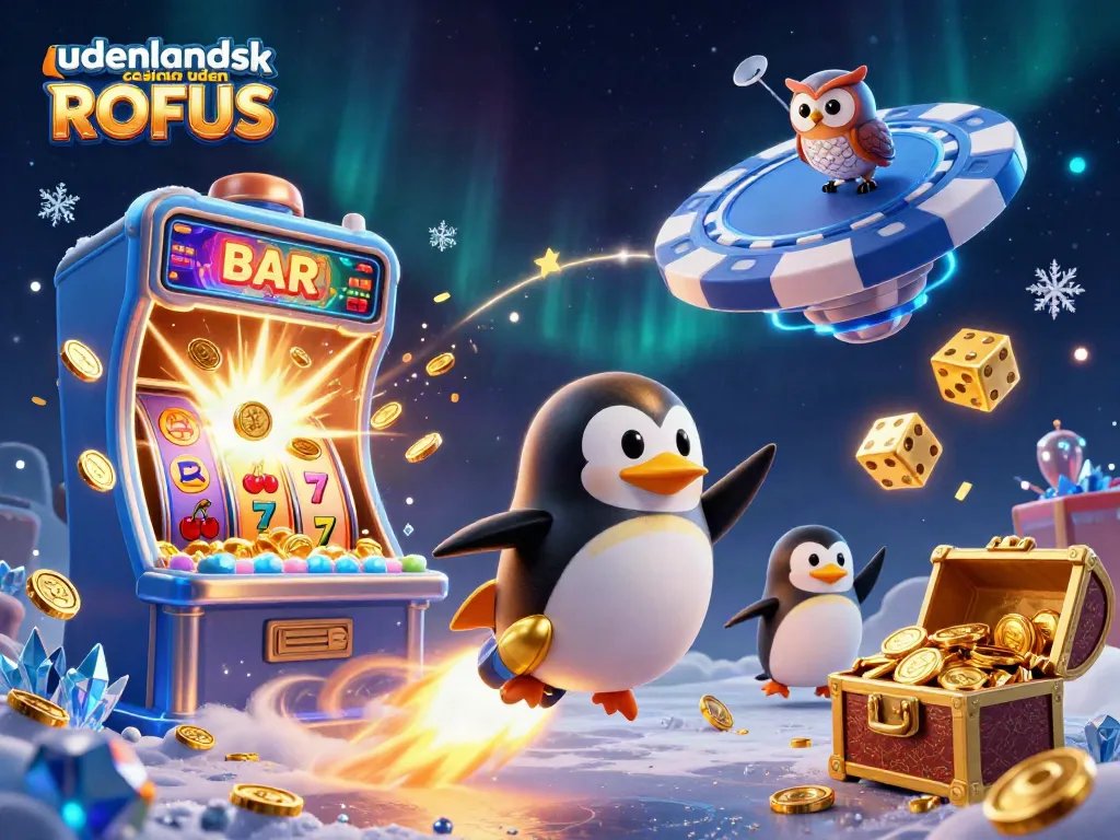 Experience the thrill of udenlandsk casino uden ROFUS with a golden penguin navigating a cosmic casino scene.