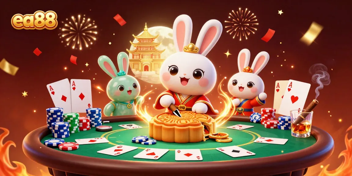 Experience exciting poker with ea88 as a moon rabbit reveals treasures in a lively casino scene.