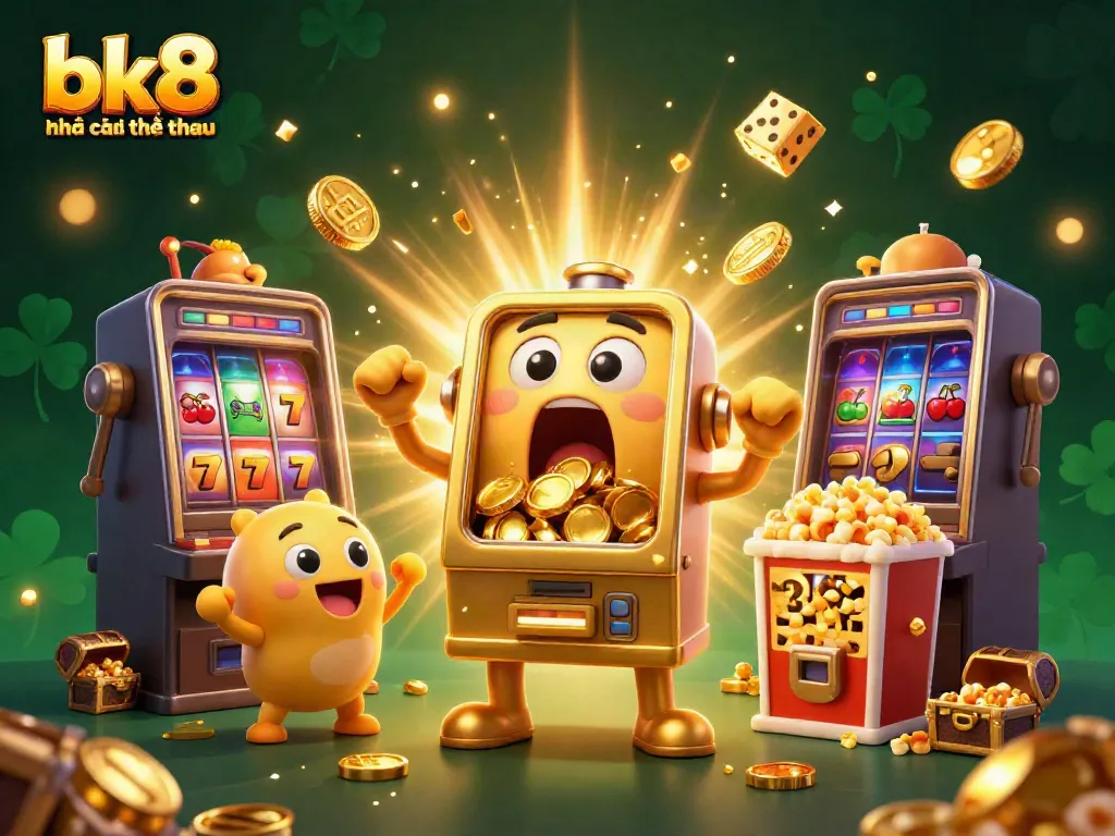 Engage with the thrilling atmosphere of bk8 nhà cái thể thao where cartoon slot machines celebrate massive jackpots amidst vibrant casino game elements.