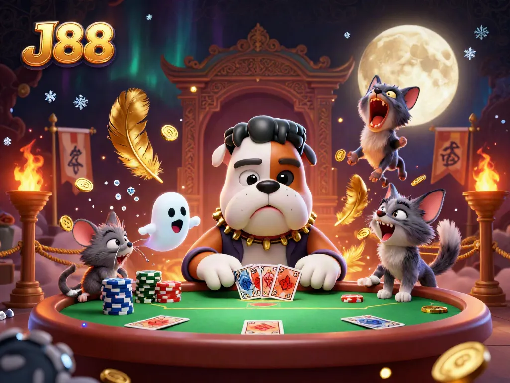 J88 poker experience with a 3D bulldog dealer, ghost mouse, and werewolf kitten in a dynamic casino scene.
