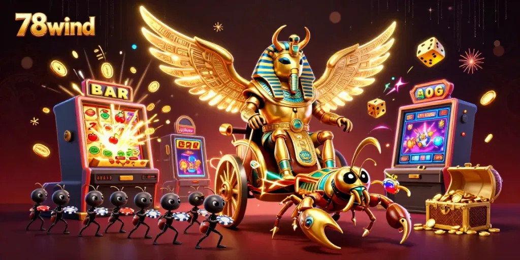 Engage with thrilling 78wind casino experience featuring a colossal golden beetle and slot machine jackpot.