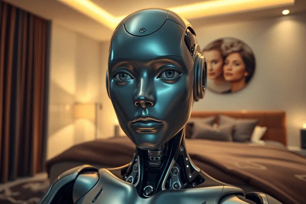 Realistic humanoid sex bot in a modern bedroom, showcasing advanced AI features and intimate ambiance.