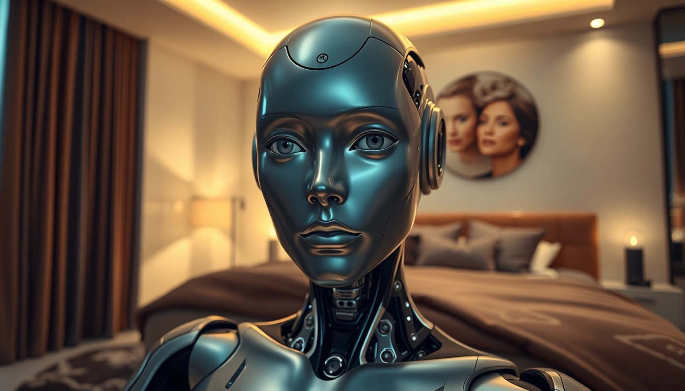 Realistic humanoid sex bot in a modern bedroom, showcasing advanced AI features and intimate ambiance.