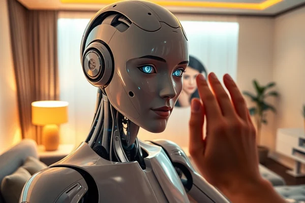 Engaging humanoid sex bot in a modern setting, showcasing AI interaction.