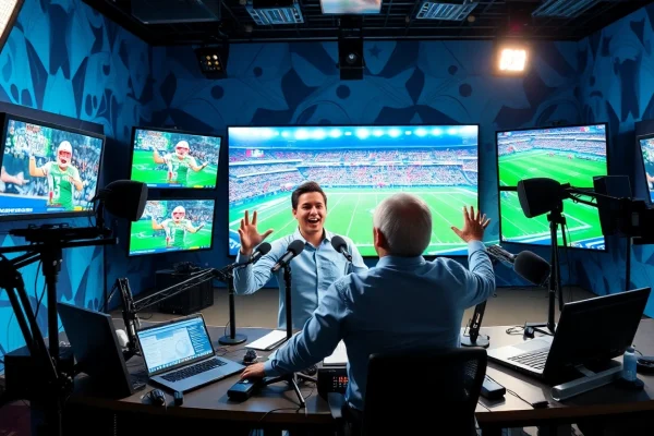 Sports Broadcasting studio with engaging host and vibrant displays in a dynamic setting.