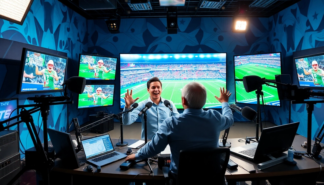 Sports Broadcasting studio with engaging host and vibrant displays in a dynamic setting.