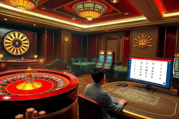 Experience U888 online gaming with vibrant slot machines and poker chips at a luxurious casino interface.