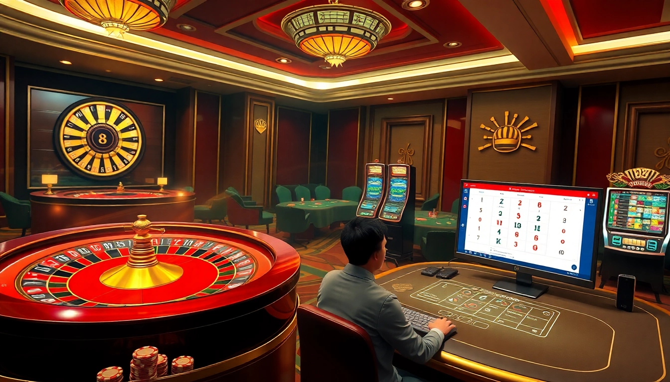 Experience U888 online gaming with vibrant slot machines and poker chips at a luxurious casino interface.