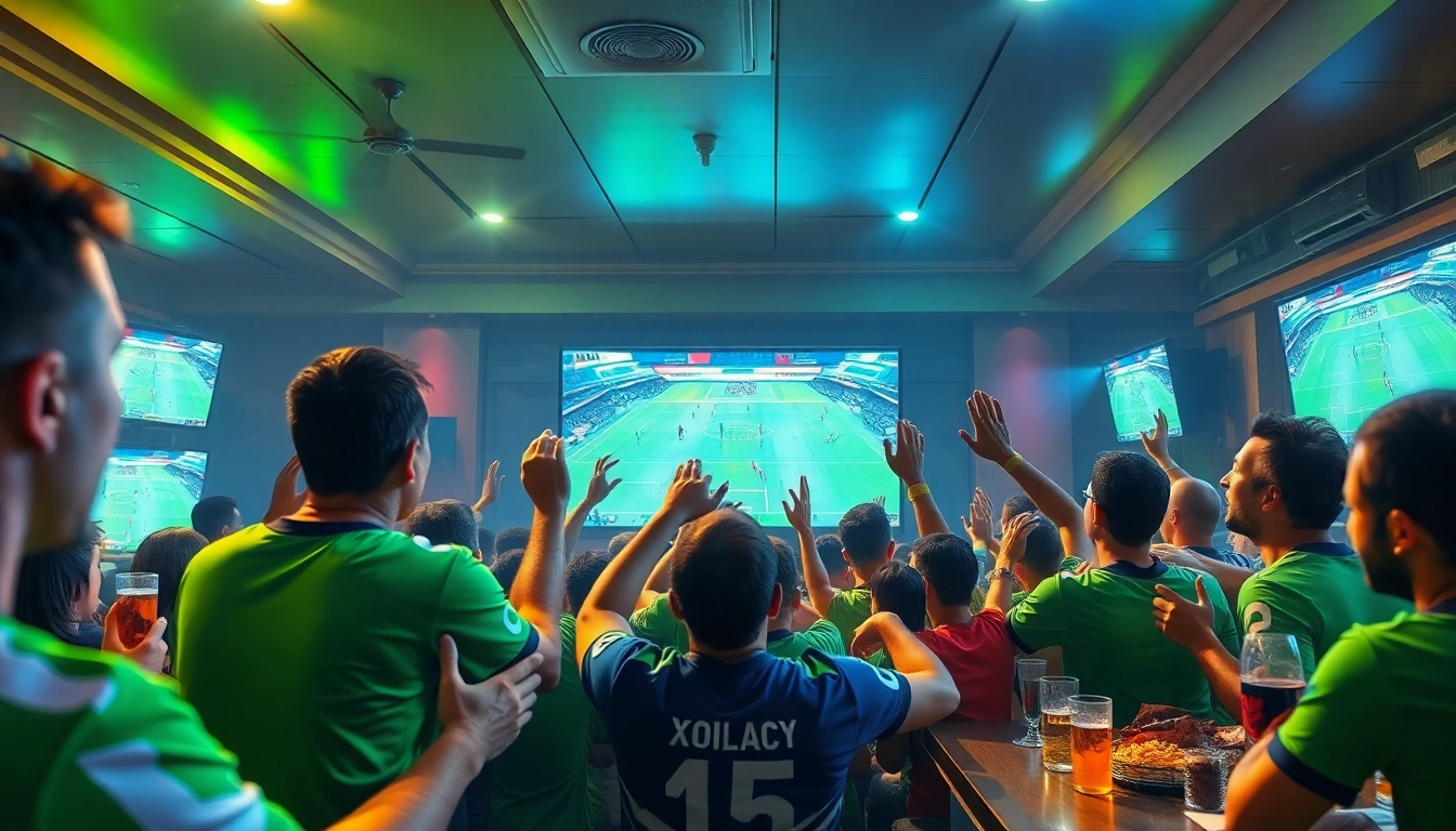 Xoilac TV live football streaming experience with passionate fans cheering in a vibrant sports bar atmosphere.