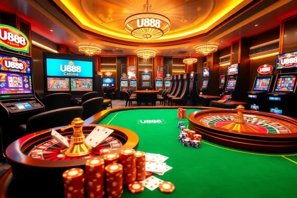 Experience the thrill of gambling with U888 at a luxurious casino table filled with vibrant poker chips and slot machines.