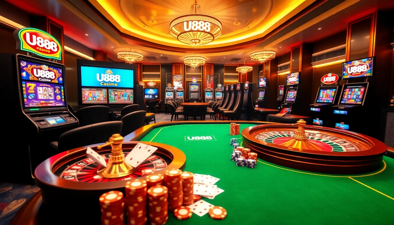 Experience the thrill of gambling with U888 at a luxurious casino table filled with vibrant poker chips and slot machines.