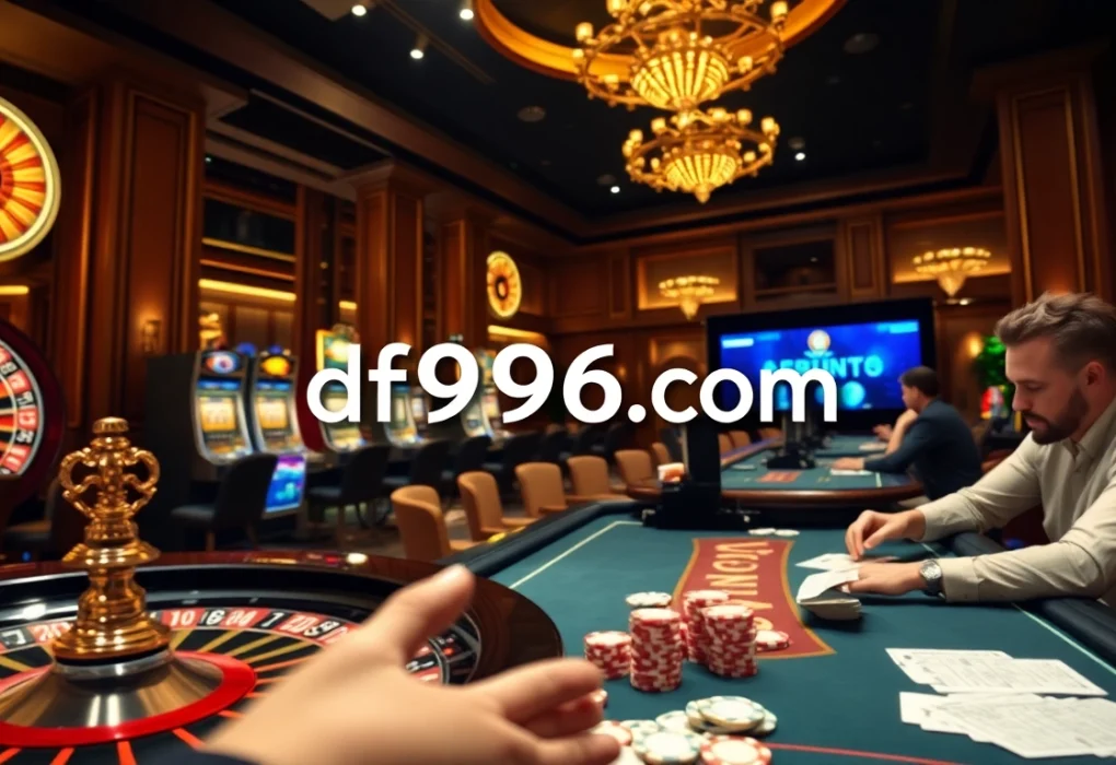 Exciting casino gameplay at df9996.com with poker chips and a vibrant roulette wheel.