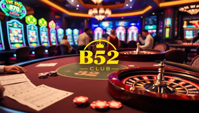 Players engrossed in a thrilling game at B52 Club's casino table, with vibrant slot machines in the background.