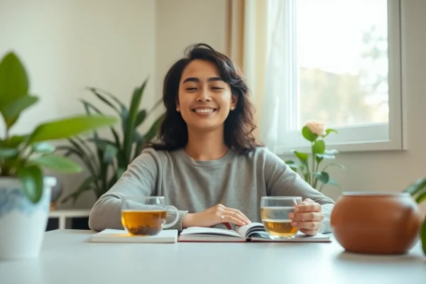 Find practical mental health tips in a calming workspace, featuring meditation and relaxation elements.