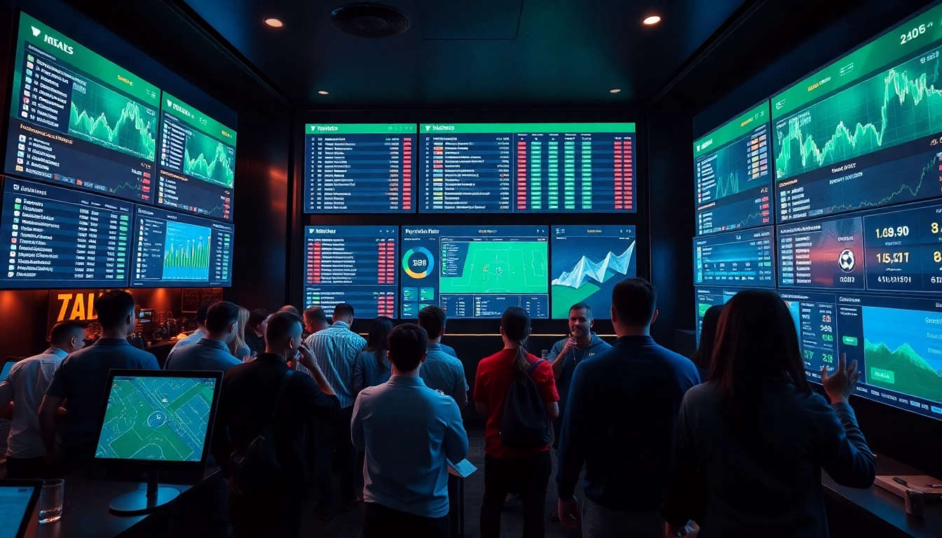 Visualize tỷ lệ kèo nhà cái displayed on interactive screens in a modern sports lounge, highlighting dynamic betting activity.