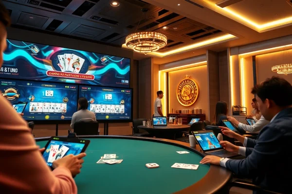 Exciting scene of online card games showcasing game đổi thưởng with players engaged in a luxurious virtual environment.