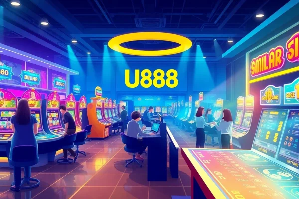 U888 online gaming experience with dynamic slot machines and engaged players in a vibrant casino atmosphere.