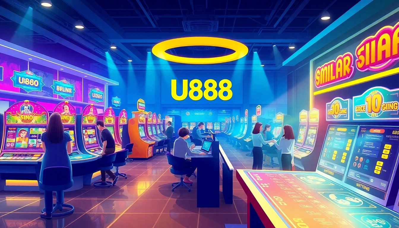 U888 online gaming experience with dynamic slot machines and engaged players in a vibrant casino atmosphere.