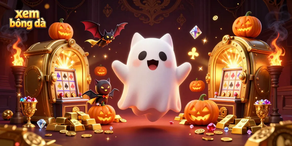 Xem bóng đá in a haunted casino with ghost cat and vampire bat amidst treasures.