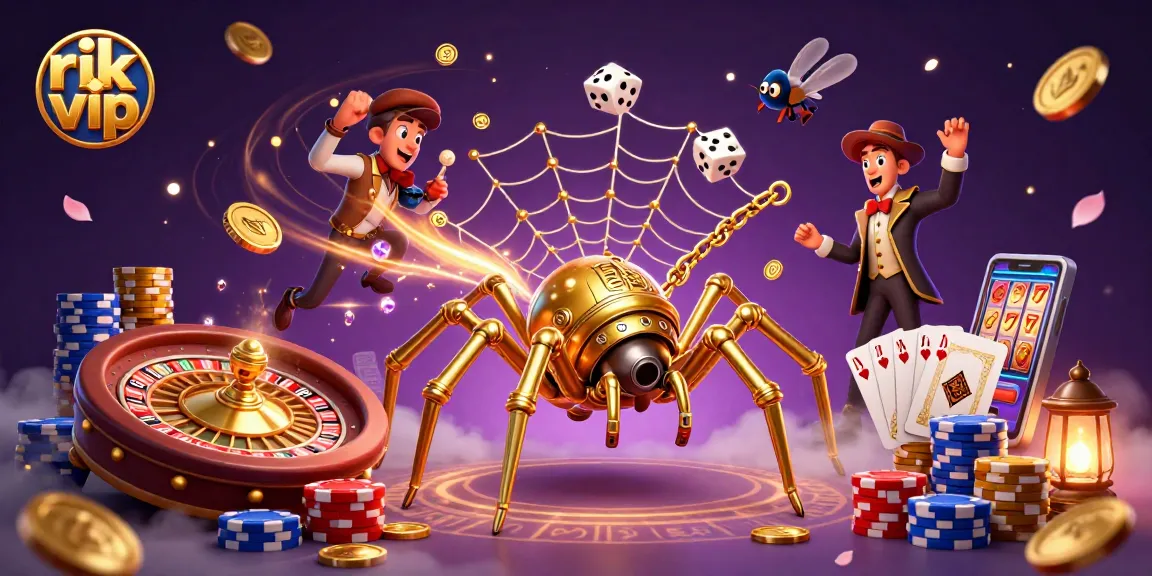 Engage with rik vip's dynamic gaming scene featuring a steampunk spider and Victorian fly amid cascading winnings.
