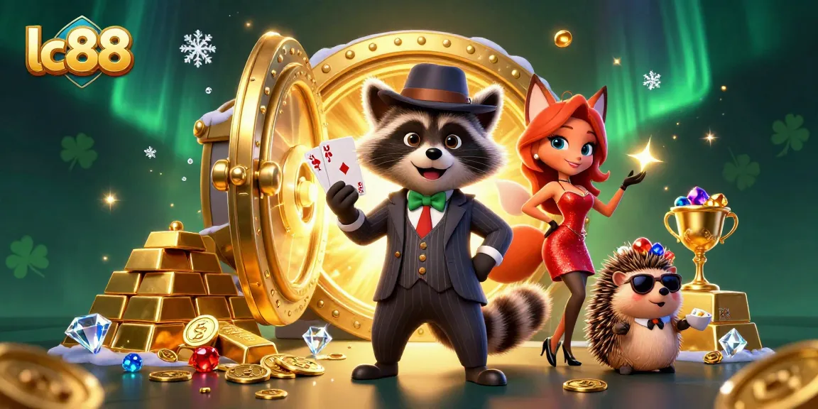 Play and win at lc88 with a dynamic casino scene featuring raccoon, fox, and hedgehog characters.