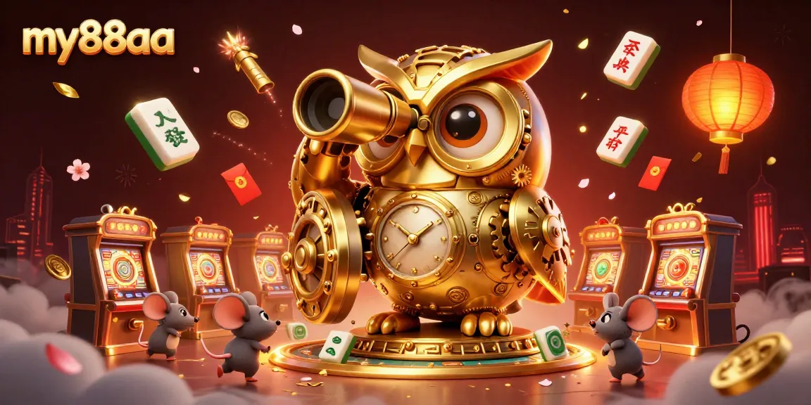 Engage in thrilling gaming action with my88aa, featuring a golden owl overseeing vibrant casino activities.