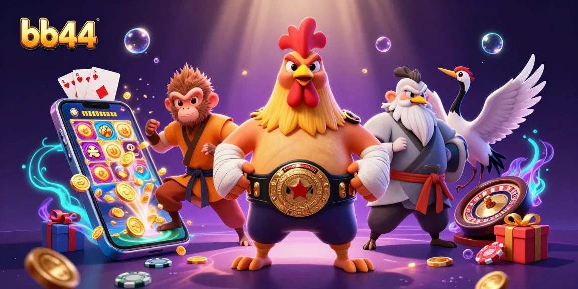 Pursue winnings with the vibrant bb44 casino scene showcasing Muay Thai rooster, Shaolin monkey, and crane master.