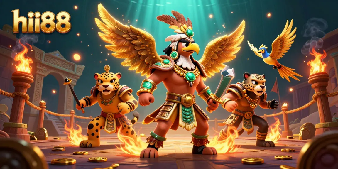 Experience thrilling action at hii88 with Aztec warriors and gold coins in this vibrant casino scene.