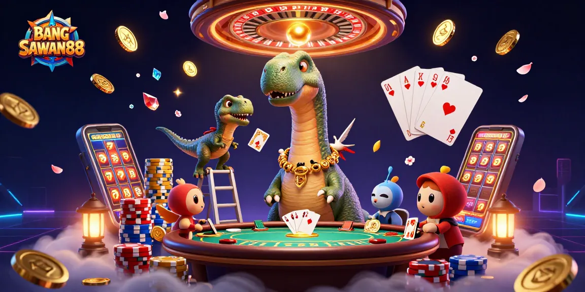 BANGSAWAN88 showcases a towering brontosaurus and clever raptor dealing cards at a lively casino table.