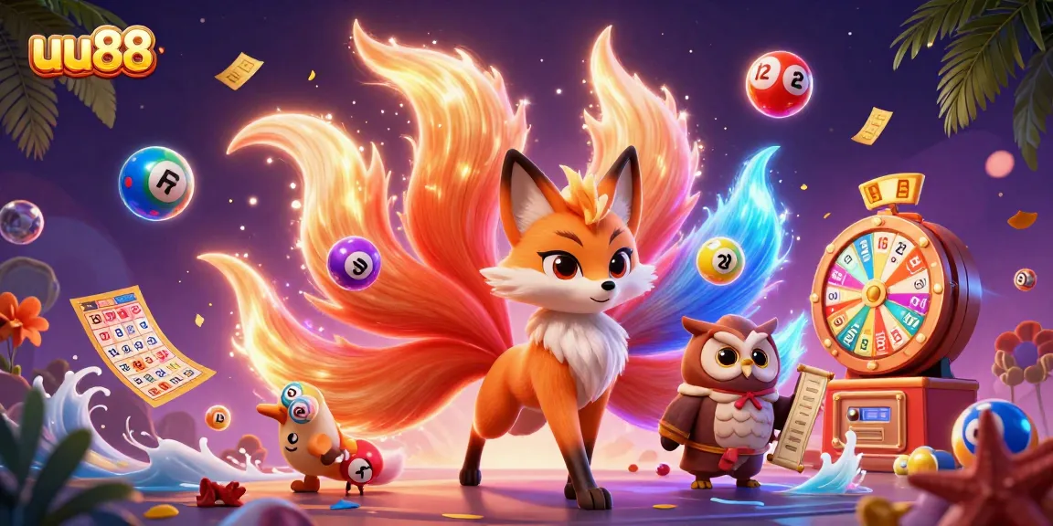uu88 showcases a vibrant 3D illustration featuring a nine-tailed fox, spirited orbs, and exciting gaming elements.