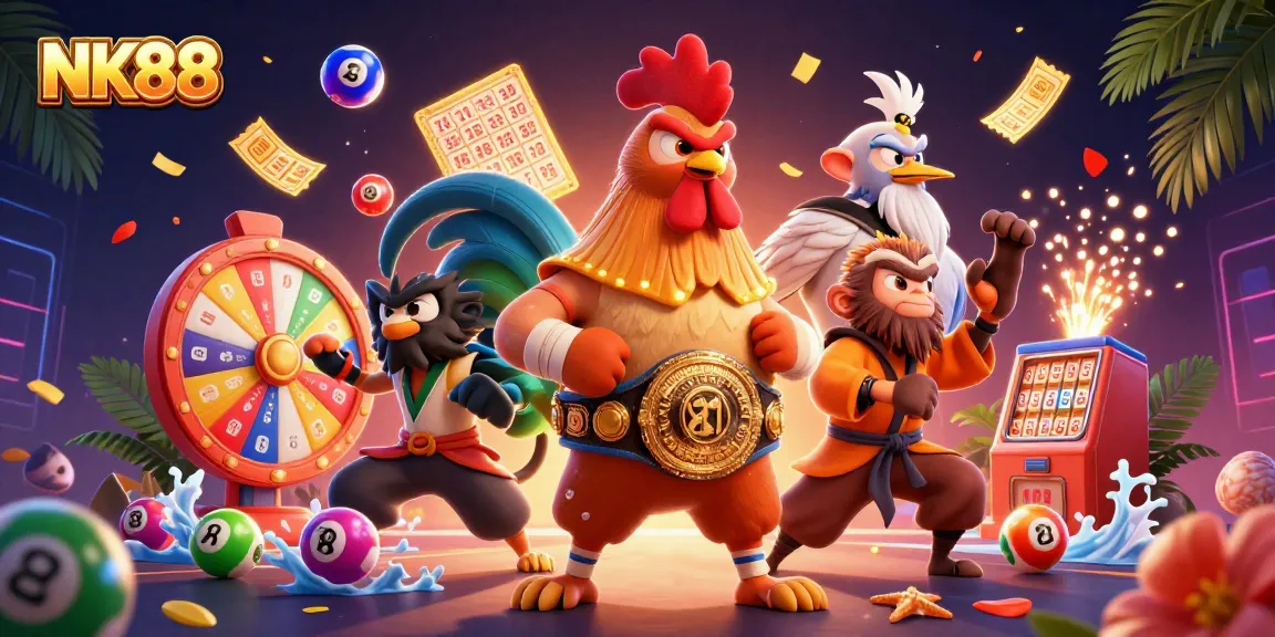 Engage with NK88 through vibrant lottery action featuring unique cartoon characters in a casino setting.