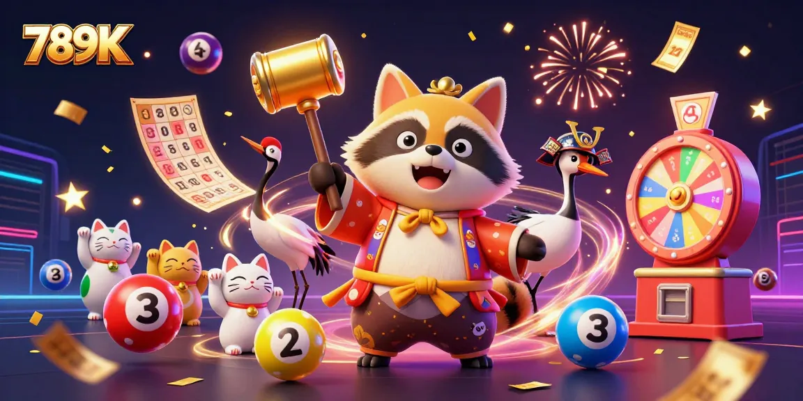 Play with the colorful 789K lottery elements featuring cheerful tanuki and lucky symbols.