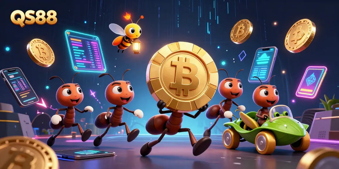 Celebrate wins at QS88 with playful ants heisting a giant poker chip in a vibrant 3D casino
