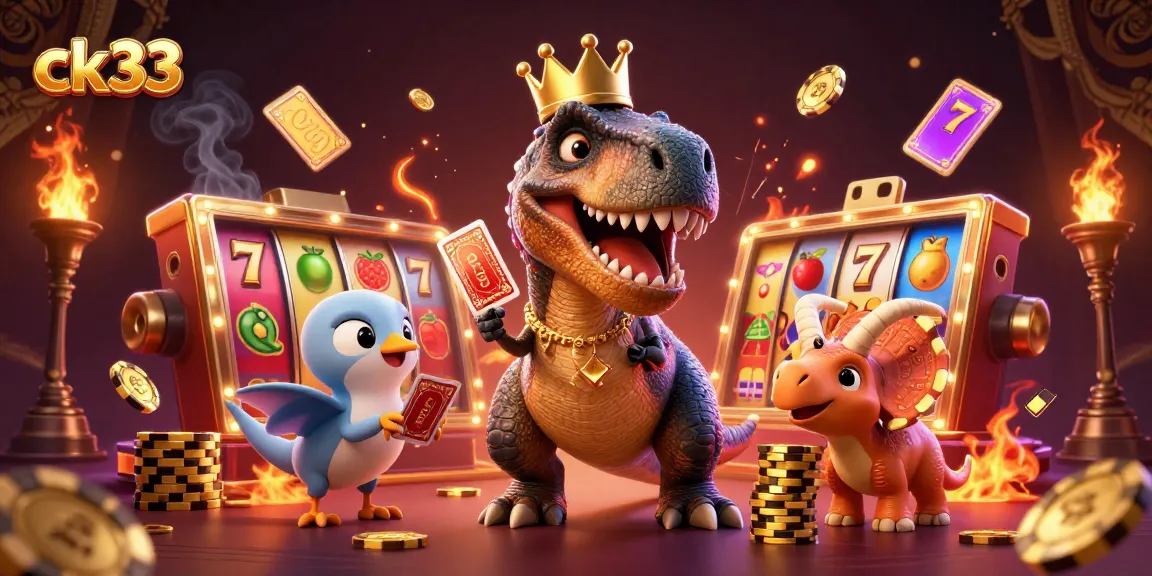 ck33 features a T-Rex dealing cards with a pterodactyl as chips stack in this vibrant casino scene