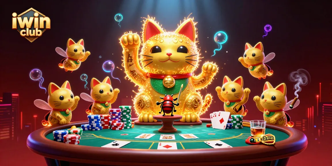 Experience vibrant gaming with the iwin club's dynamic golden lucky cat illustration.