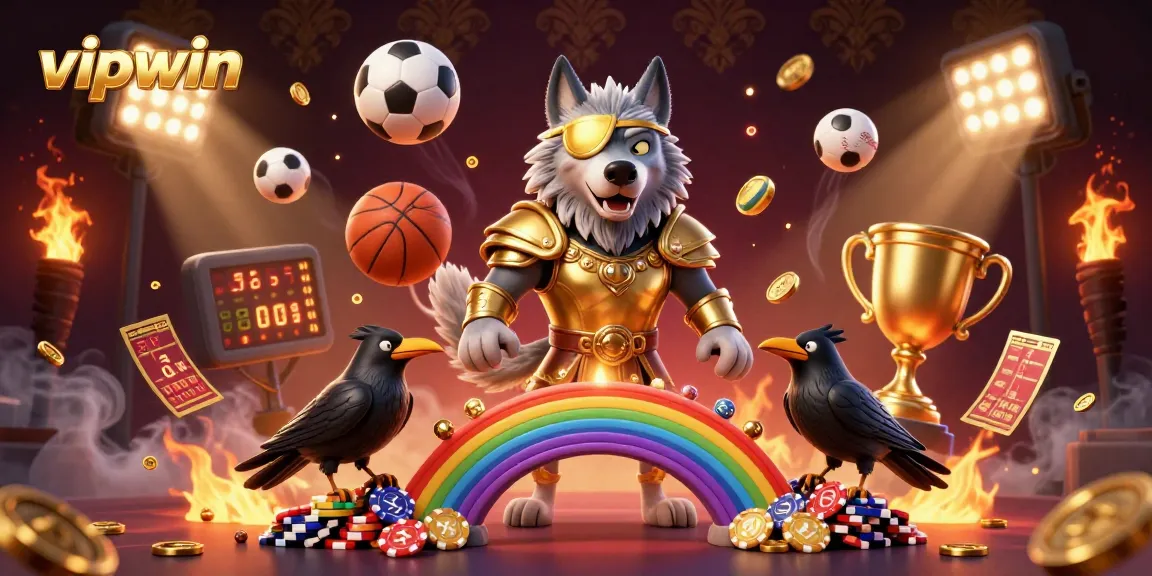 Experience thrilling gaming action at vipwin with a mythological wolf and dynamic sports elements in a vibrant setting.