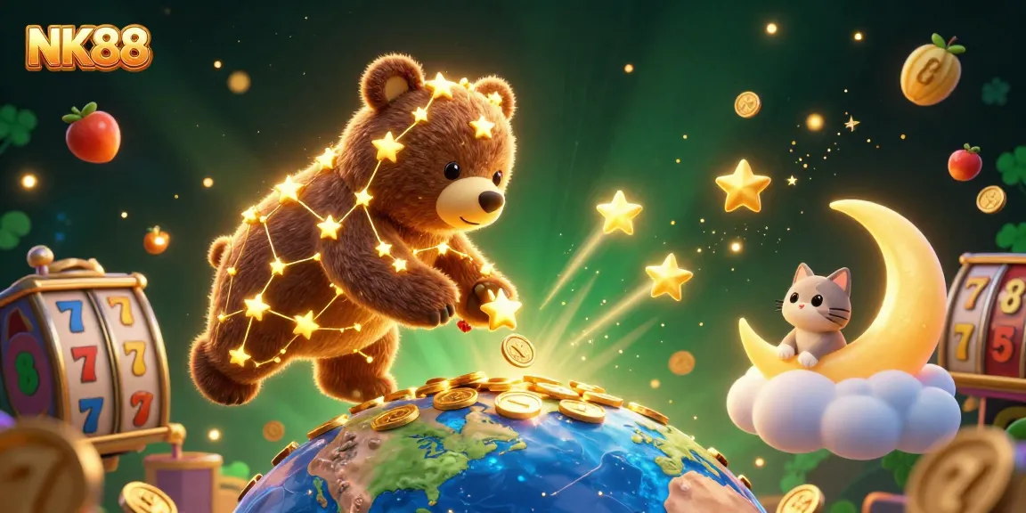 Spin and win on NK88 with vibrant slots and a constellation bear in this captivating casino scene.