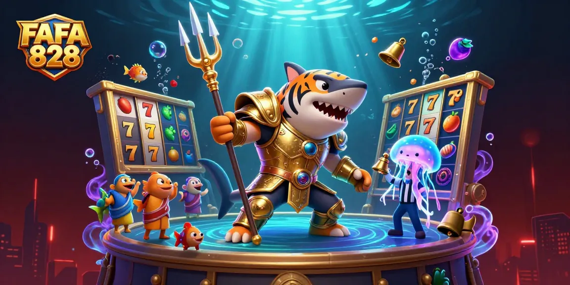 Experience slots action with FAFA 828 as a golden shark wields a trident in an underwater colosseum.
