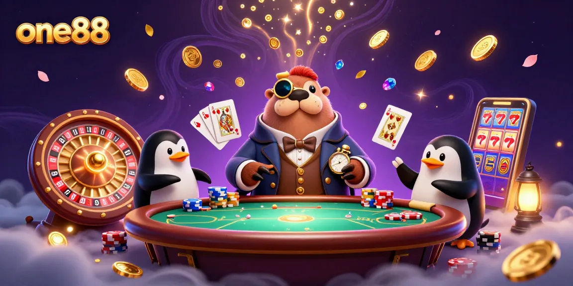 Experience thrilling moments at one88 with a walrus playing poker underwater in a vibrant casino scene.